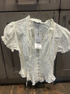 Zara Pale Yellow Smocked Ruffle Button-Front Blouse